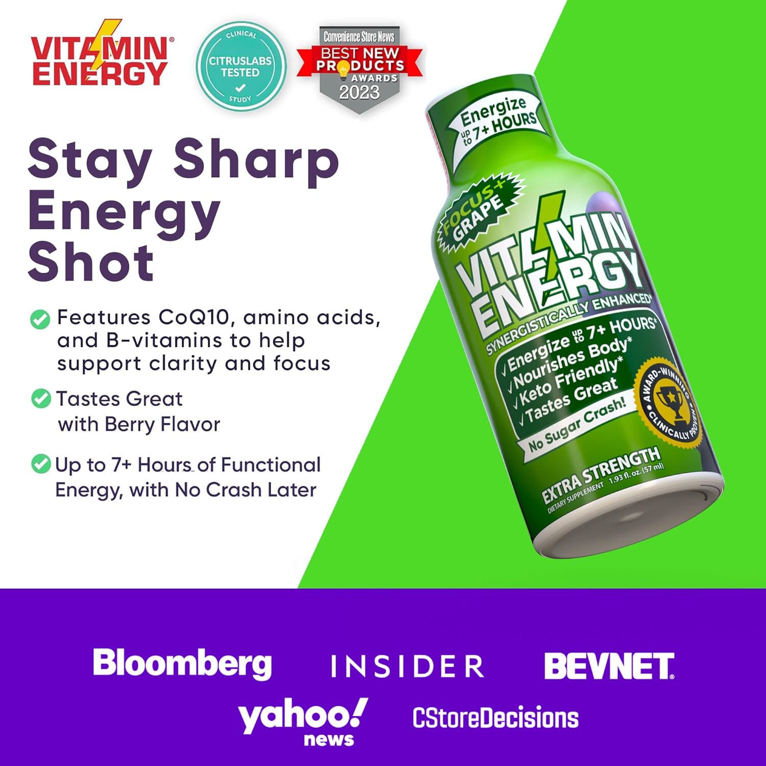 Vitamin Energy Focus+ Extra Strength Energy Shot Grape 24 Pack, 260mg Natural Caffeine, B-Vitamins, CoQ10, Amino Acids, Focus, Productivity & Clarity, Zero Sugar, Gluten-Free, 1.93 fl oz