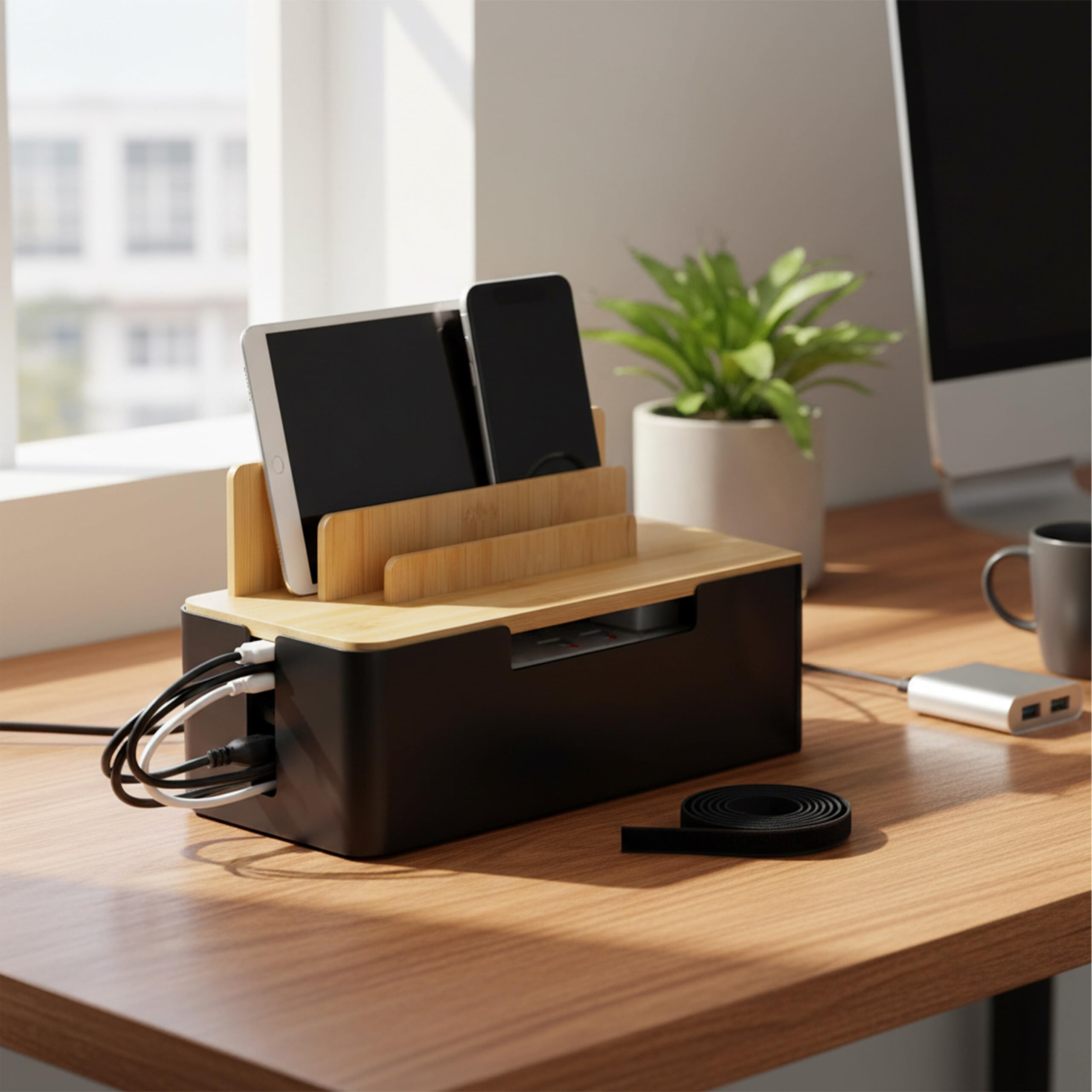Relaxdays Scatola Porta Cavi in bambù, Supporto Cellulare/Tablet, 6 Prese, Ventilazione, Naturale/Nero 16x30x13 cm
