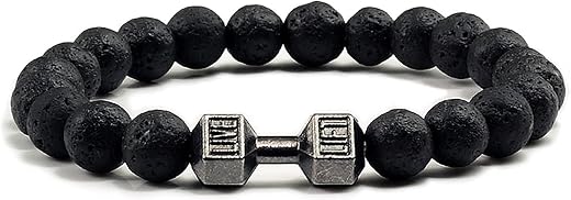 Dumbbell Charm Lava Stone Bracelet for Men | Black Gym Fitness Beaded Bracelet | Heavy Workout Style Gym Lover Accessory f...
