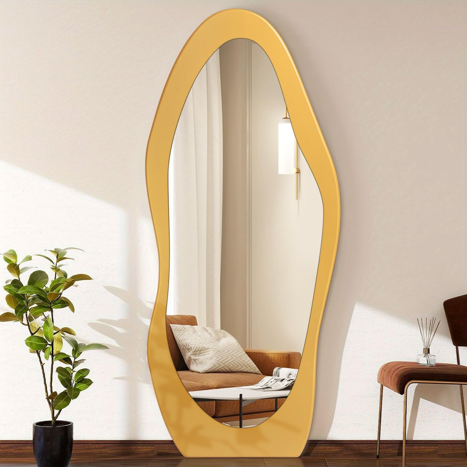 Full Length Mirror 59" x 24" Irregular Wall Mirrors Wood Framed Full Body Mirror Hanging or Leaning Against Wavy Floor Mirrors for Living Room Bedroom Entryway Bathroom Retro Brown