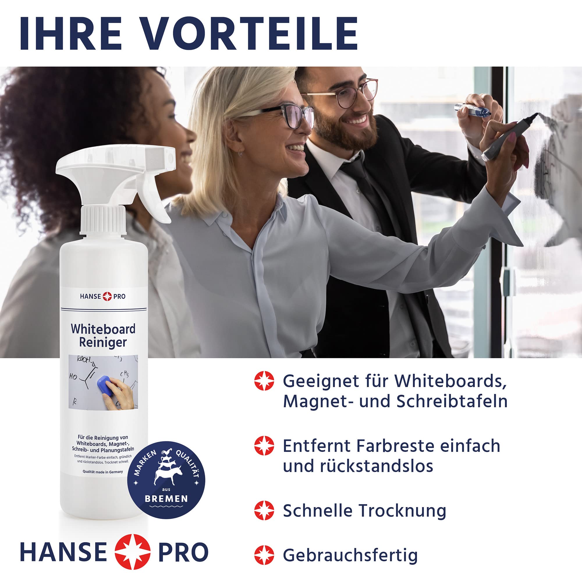 HANSE PRO Whiteboard-Reiniger, 4 x 500 ml I Cleaner I Löscher I Reinigungs-Spray I Tafel-Reiniger I Zubehör I mit praktischem Sprüh-Kopf