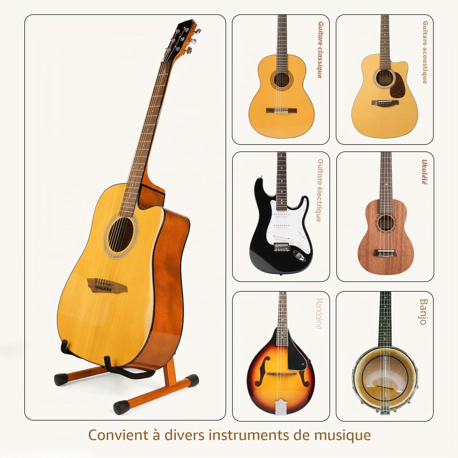 Support de guitare acoustique avec mousse rembourrée, support de guitare électrique classique, support pliable en A, compatible avec mandoline, basse, banjo, ukulélé (palissandre)