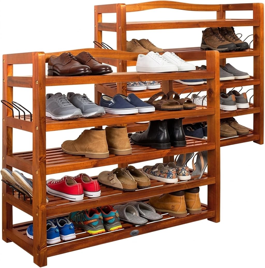 CASARIA® Set of 2 Shoe Racks | Up to 200kg | 5 Tiers | Solid Acacia Wood | Rustic Design | Hallway, Bathroom, Kitchen Shoe Boot Footwear Storage Cabinet | Dark Brown | 95 x 26 x 82 cm