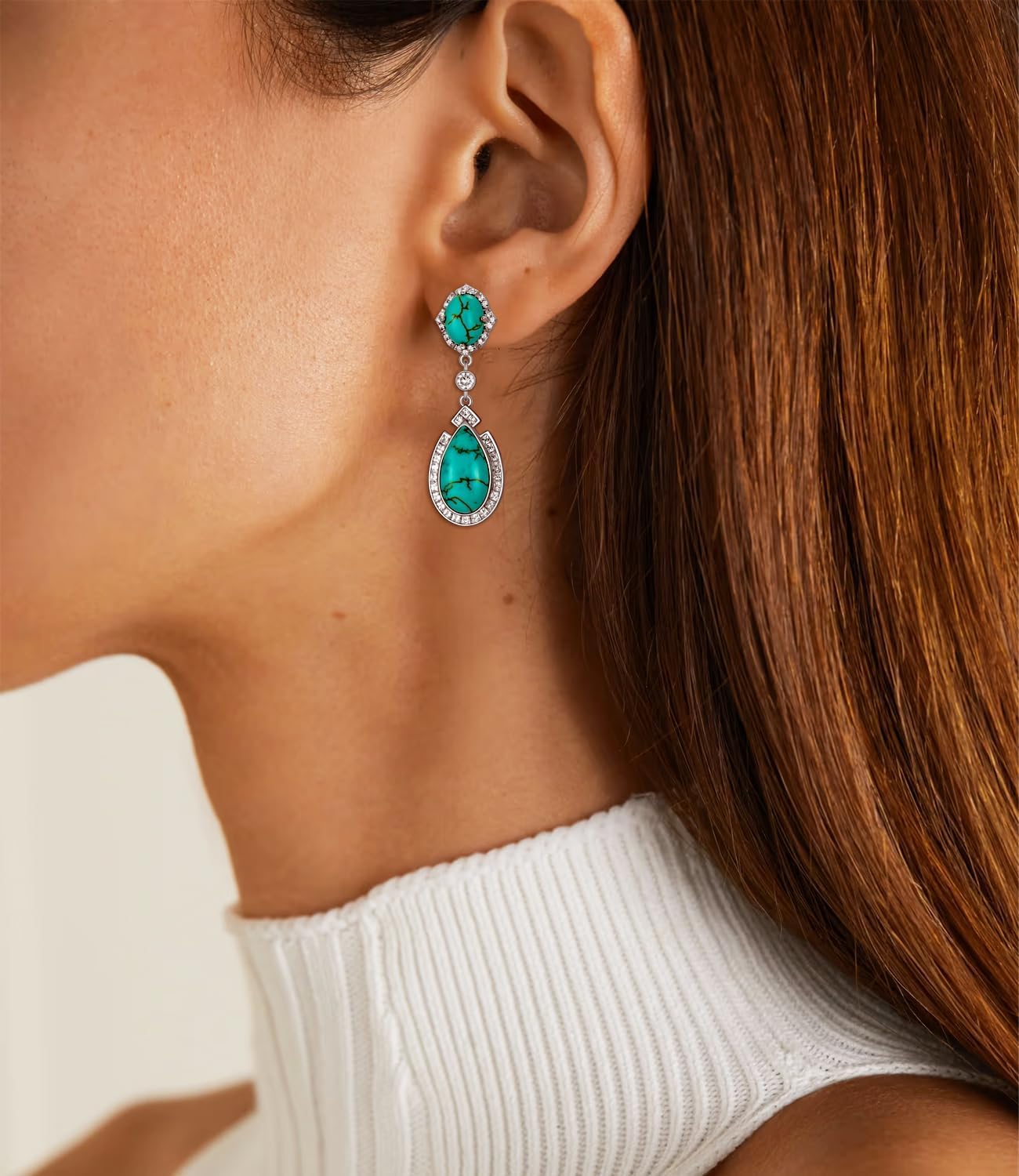 Genuine Turquoise/White Opal/Black Onyx/Amazonite/Amber Dangle Earrings for Women 925 Sterling Silver Teardrop Real Turquoise Jewelry with CZ for Her Wife Mom - Image 2