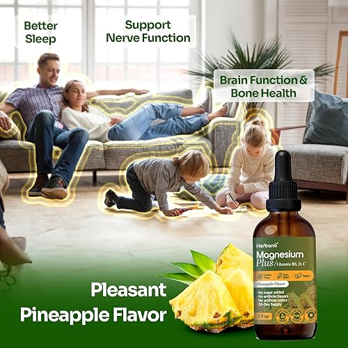 Miniatura 5 de Magnesio Plus Sabor a Piña para Niños y Adultos  Citrato de Magnesio, GlicinatoL-treonato y Vitamina B6, D, CLiquid Drops Suplemento 2 fl oz