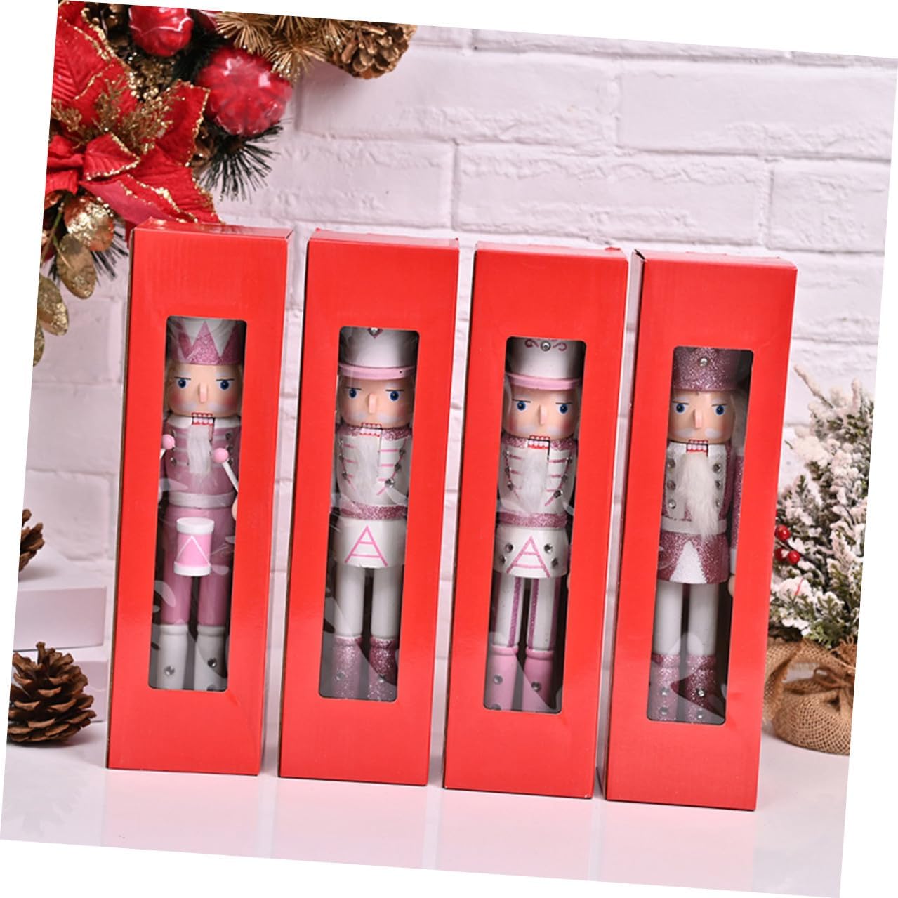 4pcs Pink Wooden Nutcracker Figures Set 24cm Christmas Nutcracker Soldier Decorations for Tabletop Xmas Party Supplies