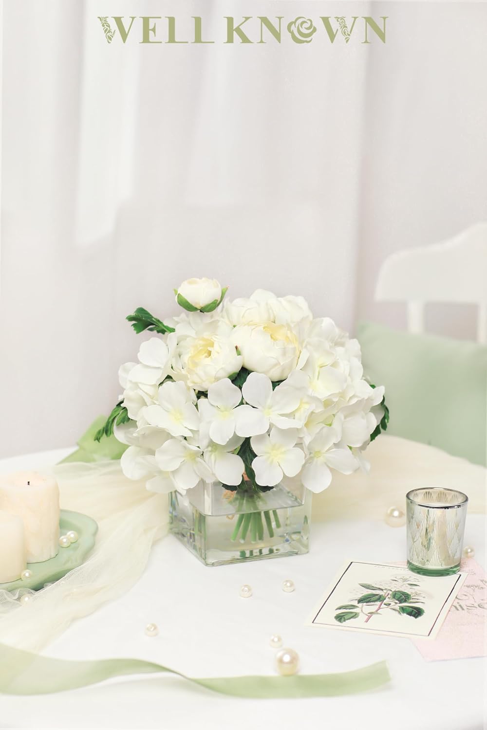 WELL KNOWN Fake Flowers in Vase, Hydrangea Ranunculus Artificial Flowers with Vase, Silk Faux Floral with Faux Water Arrangements Centerpiece for Office Dining Table Home Hotel Wedding Decor (White) - Image 6