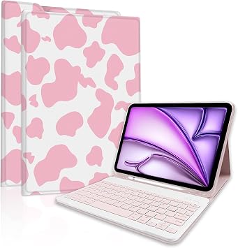 for iPad Air 11 M4 2026 8th M3 2025/M2 2024 case with Bluetooth Keyboard for iPad Air 5th/4th Generation 10.9Inch 2022/2020 Rechargeable, Magnetically Absorbent, Pencil Holder- Cow Pink