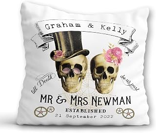 Gothic Wedding Cushion - Unique Wedding Gift for Bride and Groom - Mr & Mrs Skull Pillow with Custom Names Wedding Date - Goth Wedding Keepsake Just Married Couple