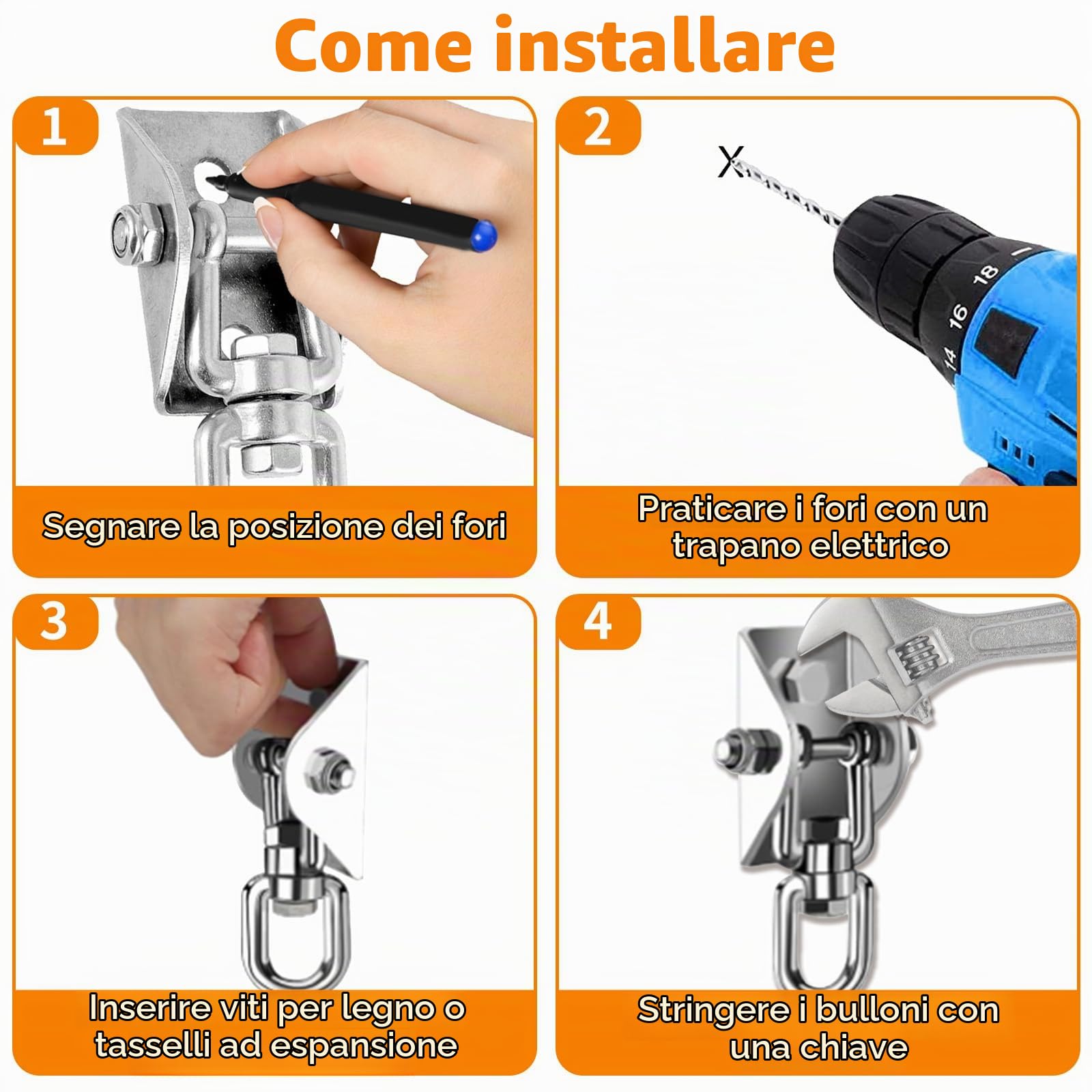 2 Pezzi Gancio Soffitto Acciaio Inossidabile 450kg Capacità, Supporto Sacco Boxe Girevole 360°con Viti Bulloni per Cemento e Legno, Gancio Carichi Pesanti per Altalena, Amaca, Yoga, Sedia Sospesa