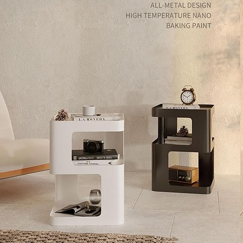 Miniatura 8 de BUZUEY Mesa auxiliar, mesa auxiliar con almacenamiento de 3 niveles, mesita de noche moderna, mesitas de noche de metal negro, mesa decorativa para