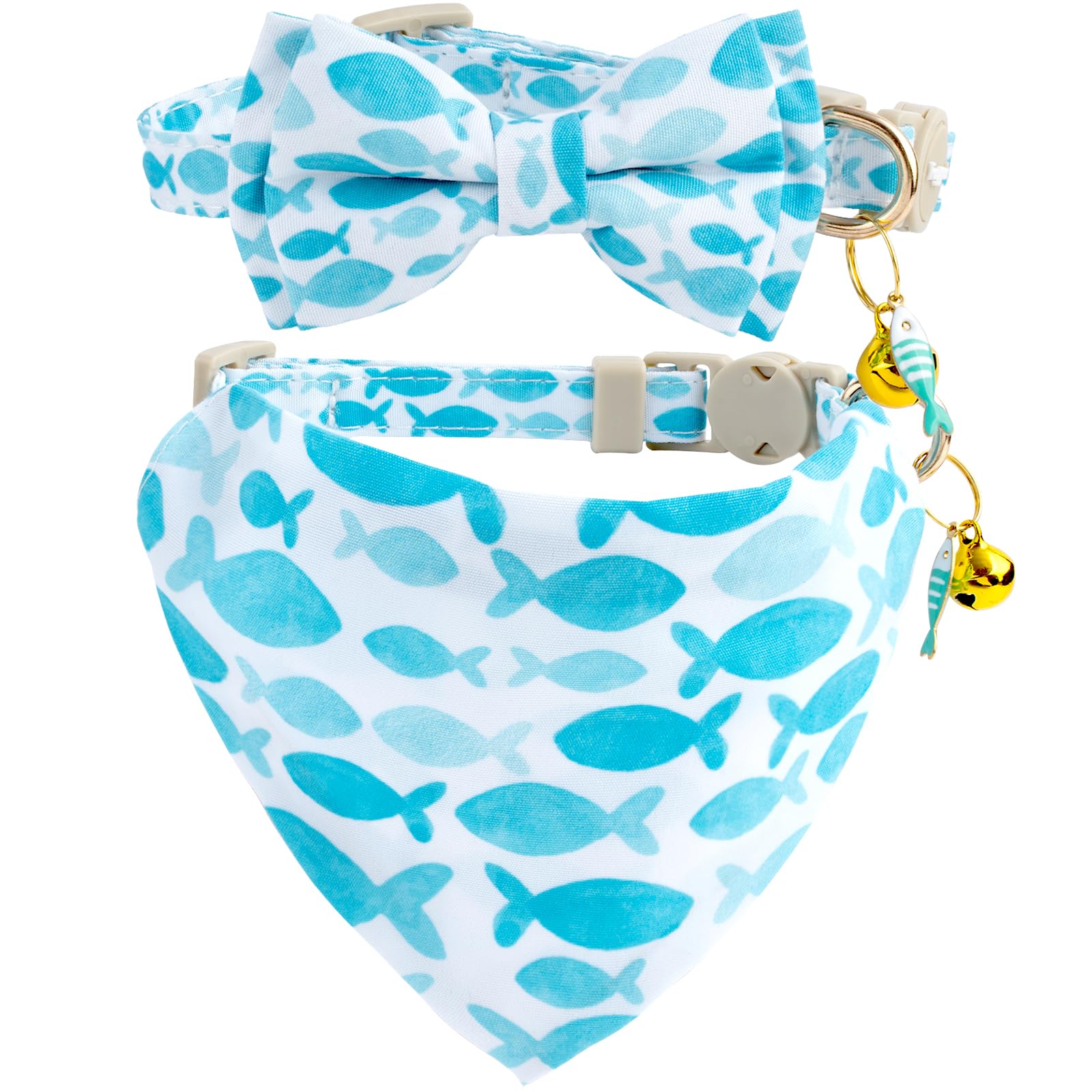 Faygarsle 2 Pack Fish Pattern Cat Collar Set with Bow Tie and Bandana, Light Blue and White, Breakaway Safety Collar with Bell