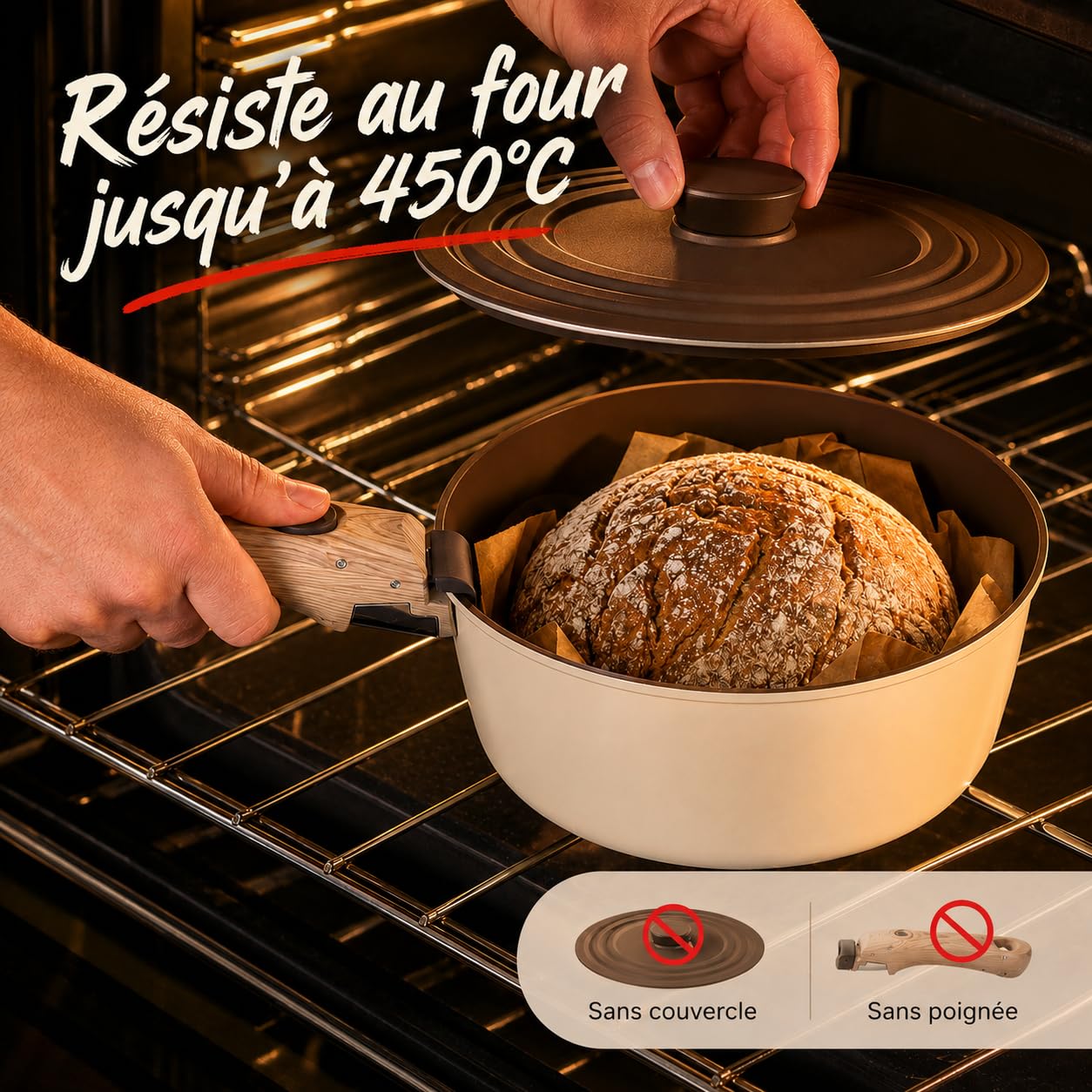 Royal Swiss® Set de casseroles 6 pièces avec poignée amovible – 14/16/18/20 cm + couvercle en verre universel – Induction tous feux – Empilable, gain de place