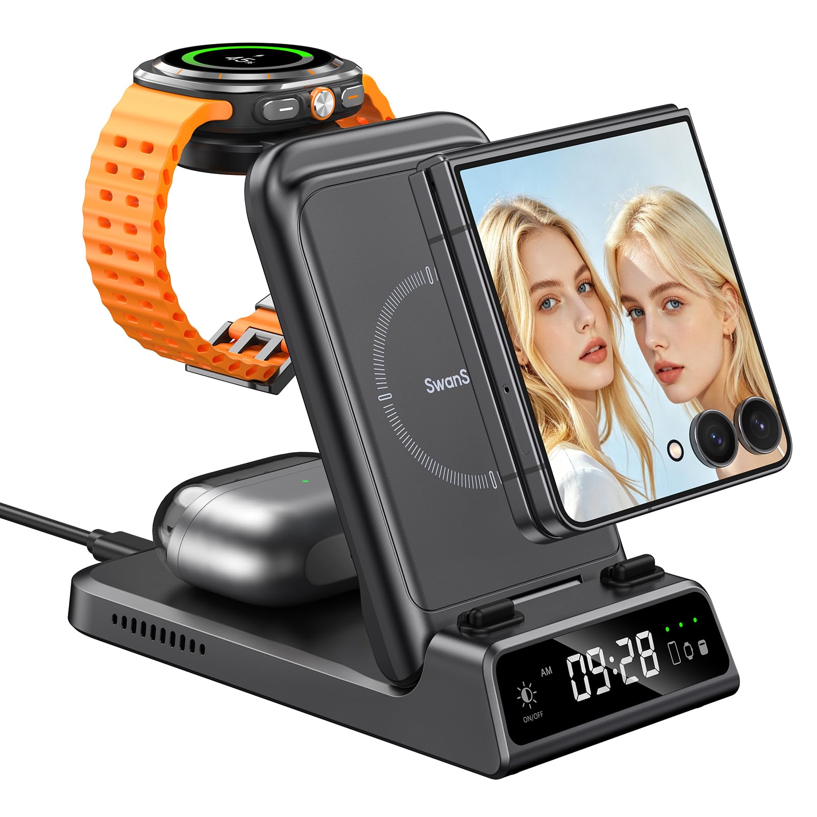 SwanScout Caricatore Wireless per Galaxy Watch 8/8 Classic/Ultra/7/6/5/4, Stazione di Ricarica 3 in 1 per Samsung Galaxy Z Flip 7/7 FE/6/5/4/3, Galaxy Buds 3 Pro/3, SwanScout 708F (Senza Adattatore SwanScout Caricatore Wireless per Galaxy Watch 8/8 Classic/Ultra/7/6/5/4, Stazione di Ricarica 3 in 1 per Samsung Galaxy Z Flip 7/7 FE/6/5/4/3, Galaxy Buds 3 Pro/3, SwanScout 708F (Senza Adattatore