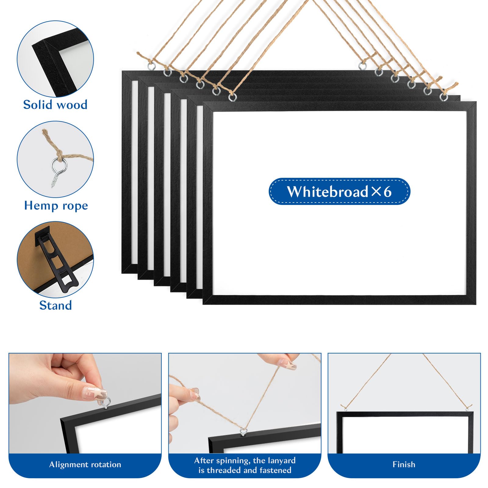 Wesiti 6 Pcs White Magnetic Dry Erase Board for Wall, 16 x 12 Inches, Magnetic Whiteboard with Wooden Frame Including Marker, Magnet, Dry Erase Magnet for Kids Students Door Office School (Black)