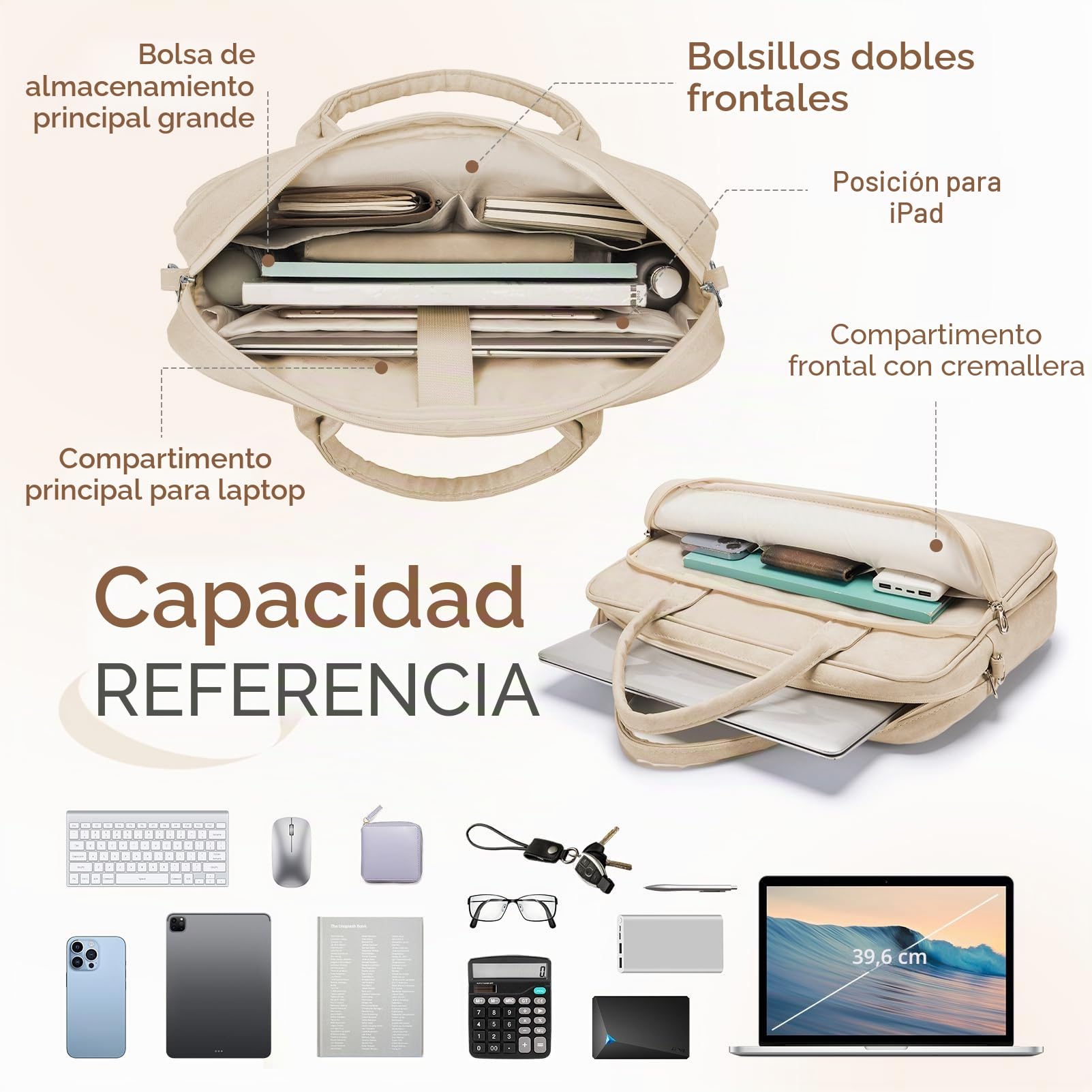 BAGZY Maletín Portadocumentos Mujer de PU Cuero Para Portatil 14 Pulgadas 15,6 Pulgadas Para La Escuela, El Trabajo Y Los Viajes de Negocios (Beige)