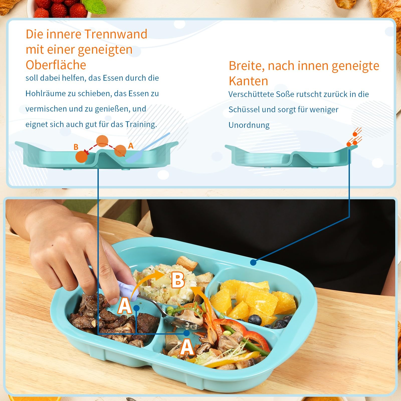 Plato de melamina antideslizante adaptativo con pared extra, cuenco de melamina a prueba de fugas para personas mayores, discapacitados/temblor de manos para autoalimentación (plato con 4