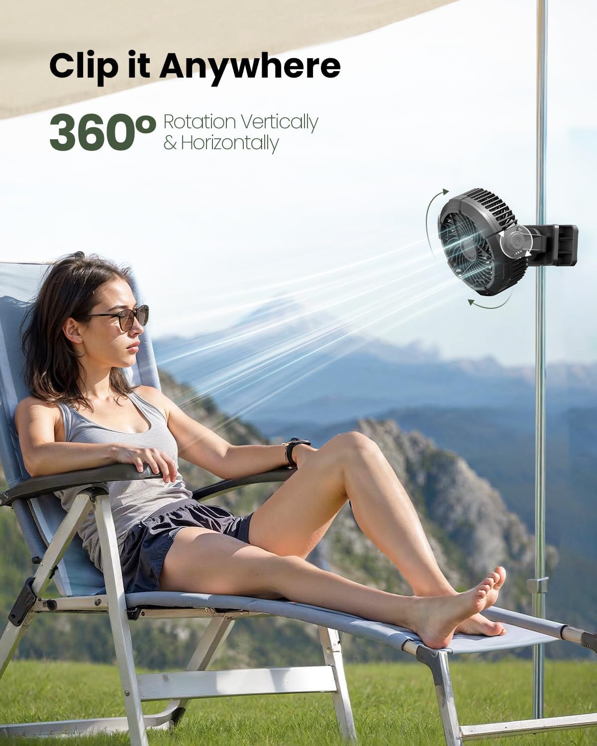 Gaiatop Ventilatore da campeggio portatile con luci a LED, rotazione a 360° e clip per scrivania, 4000 mAh USB ricaricabile, display digitale e gancio per appendere per tenda da viaggio all'aperto