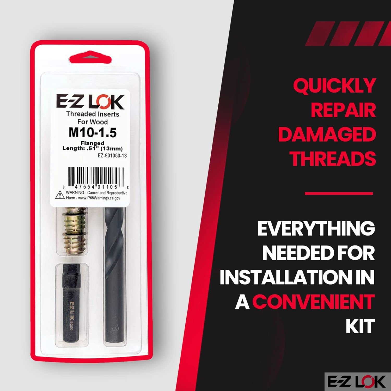 E-Z LOK-901050 Hex Threaded Insert Installation Kit for Soft Wood - Flanged - M10-1.5 x 13mm