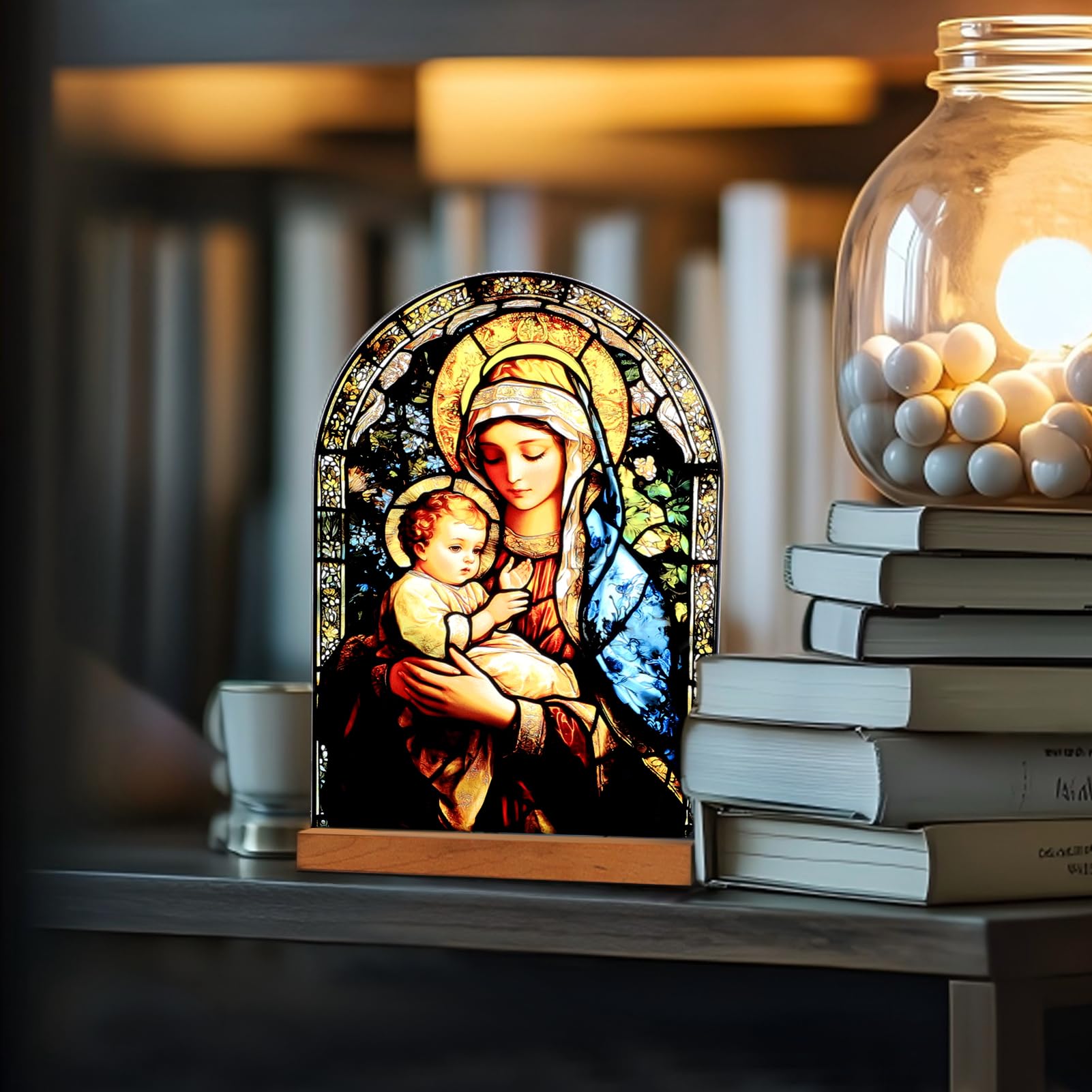 KOMI Madonna and Child Icon Virgin Mary Christ Jesus Catholic Ornament Statue Tabletop Decor Acrylic Standing Home Altar Decor Christian Gifts