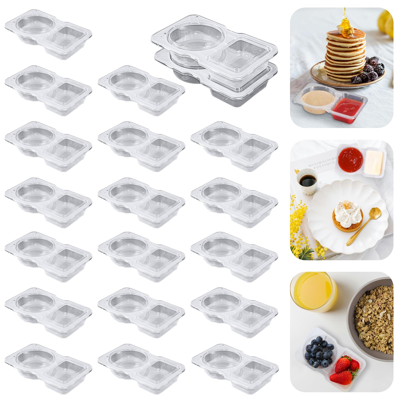 Comfugog Transparent 20Pcs 20Pcs Double Compartment Condiment Container With Lids, Mini Plastic Snack Containers,Bpa Free,Microwave Safe,Leakproof Food Storage, To Go Food Containers,Take Out Sauce Container