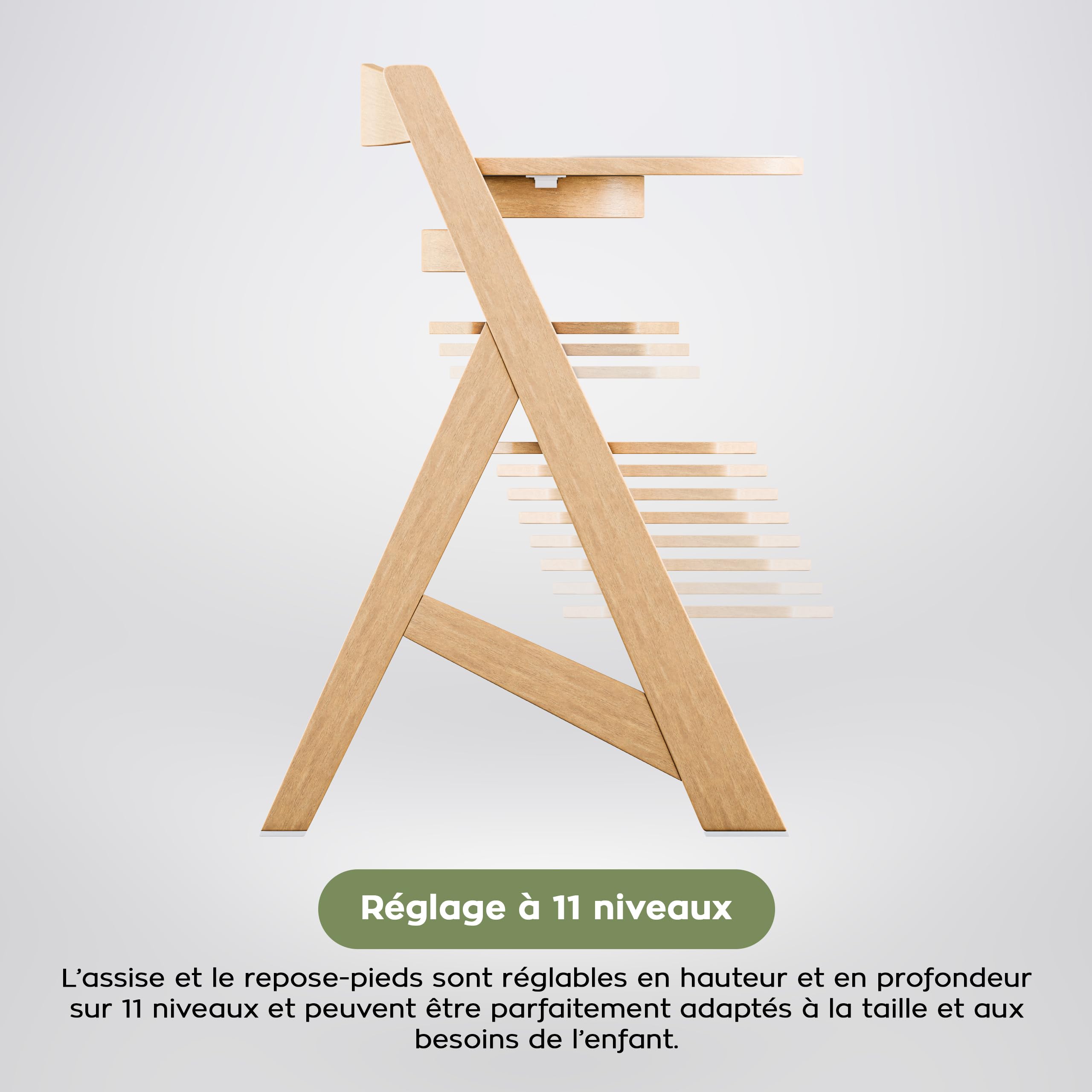 TULANO Morsel 40 Chaise Haute Évolutive 4en1 Bébé et Enfant | Réglable 12 Niveaux | Plateau Amovible | Coussin Imperméable | Harnais Sécurité | De 6 Mois à 12 Ans | Bois Naturel