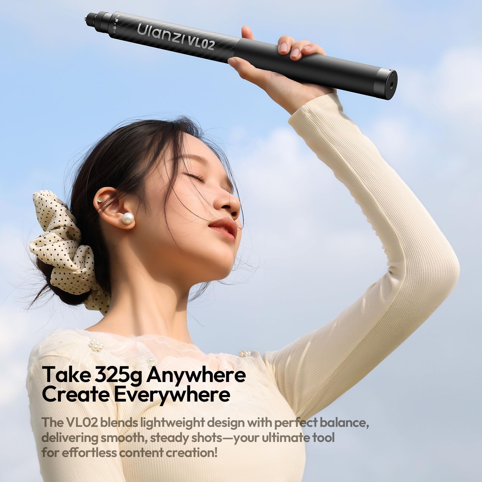 ULANZI VL02 - Palo Selfie de Fibra de Carbono para Insta360, 2.7 m para Cámara de Acción Go Pro/dji, Extensión de 1/4", Compatible con Diferentes Dispositivos, Longitud Ajustable, Grabación Submarina