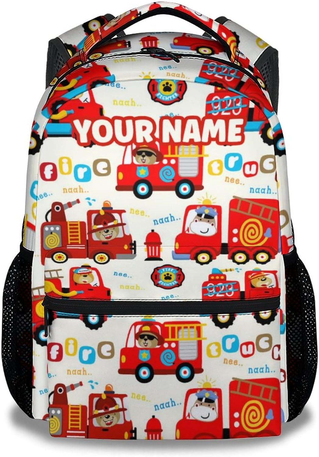 Personalized Fire Truck School Backpack for Boys, 16 Inch White Backpacks for Kids Age 8-10, Cute Lightweight Bookbag for Travel