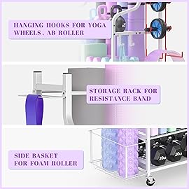 Mythinglogic Yoga Mat Storage Racks,Home Gym Storage Rack for Dumbbells Kettlebells Foam Roller, Yoga Strap and Resistance Bands, Workout Equipment Storage Organizer With Hooks and Wheels