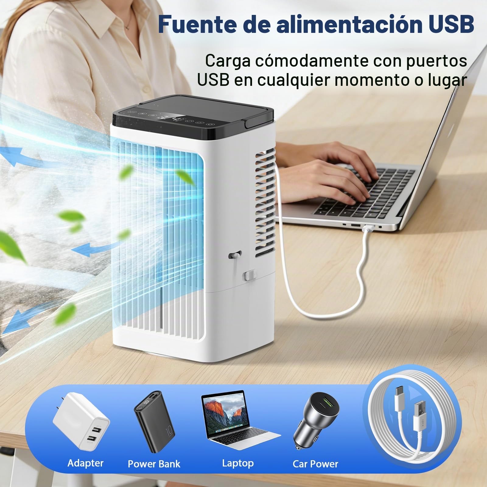 Aire acondicionado móvil evacuable 4 en 1, enfriador de aire silencioso de 1200 ml con 2 modos de nebulización, temporizador, oscilación de 90° para oficina y cocina, Blanco lechoso