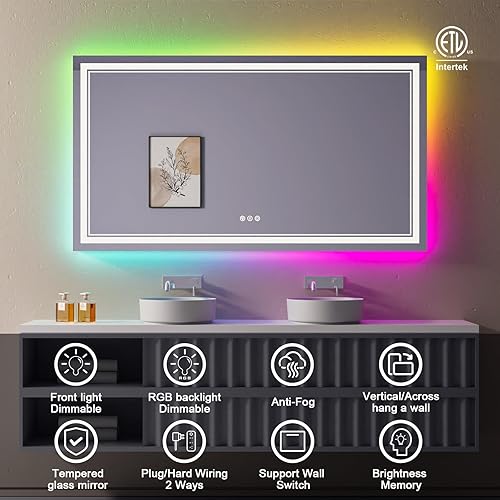Miniatura 92 de Espejo de baño LED de 40 x 32 pulgadas, luz frontal y retroiluminada, antiniebla, regulable, espejo de tocador iluminado con memoria, espejo LED