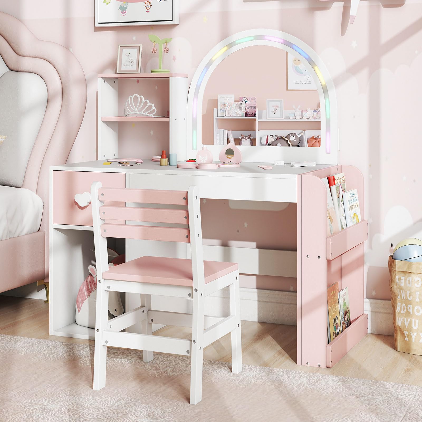RELAX4LIFE 2 in 1 Toeletta Trucco Bambina con Luci Colorati, Tavolo e Sedia in Legno con Specchio Acrilico e Libreria, Postazione Trucco per Bambini 3+ Anni (Bianco)