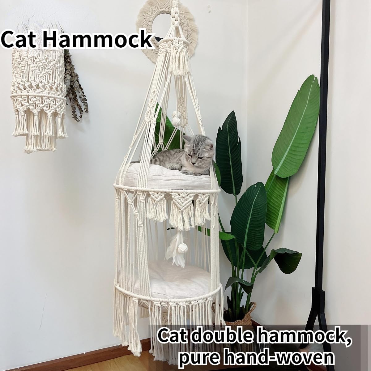 review Cat Hammock, Handwoven Hanging Boho Cat Bed for Indoor Outdoor Home Decor for Playing Sleeping Climbing and Lounging with Cushion, Double Layer Cat Hammock