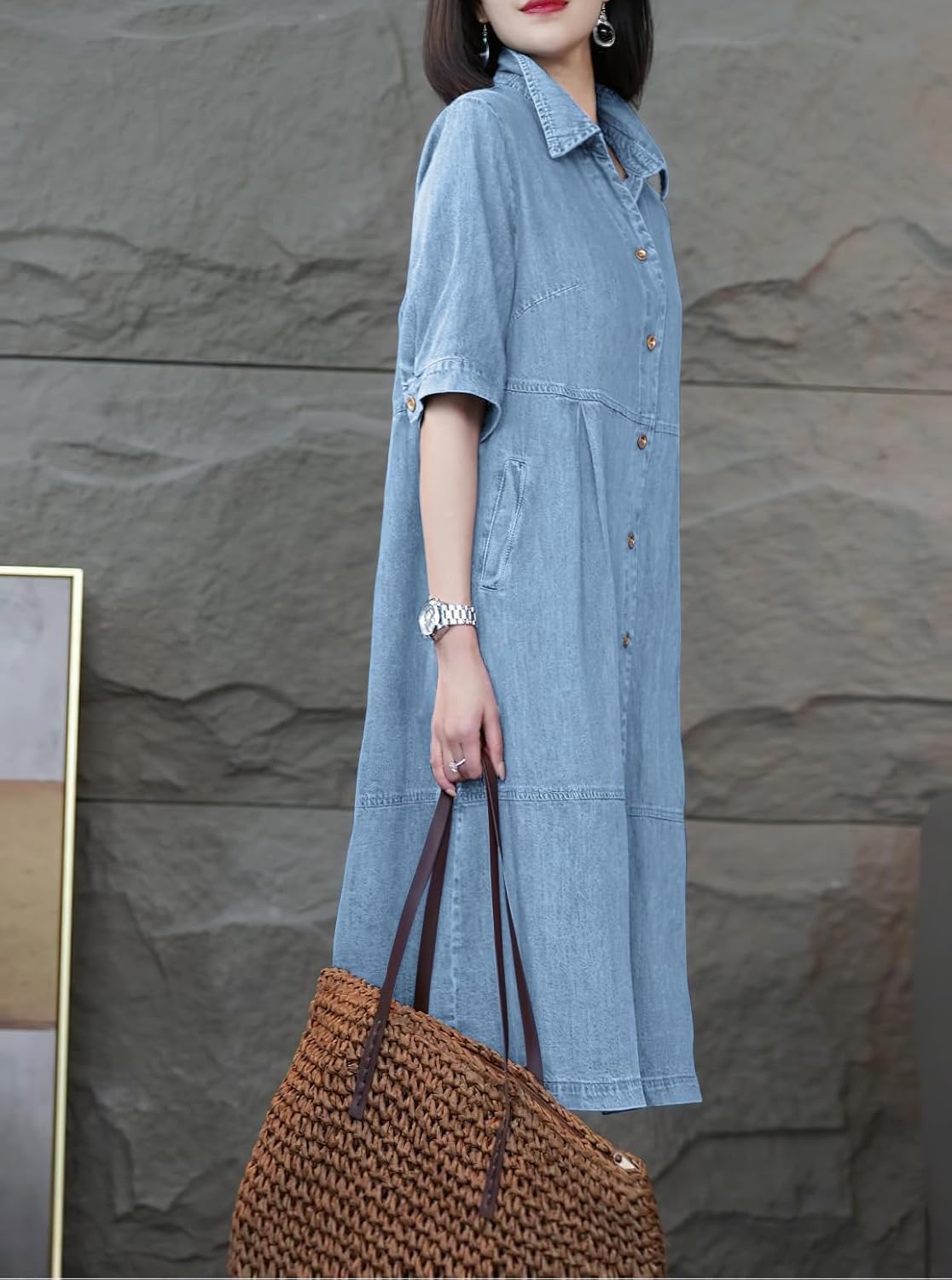 chouyatou Women's 1/2 Sleeve Polo Collar Denim Shirt Dress Button Down A Line Midi Jean Dress with Pockets