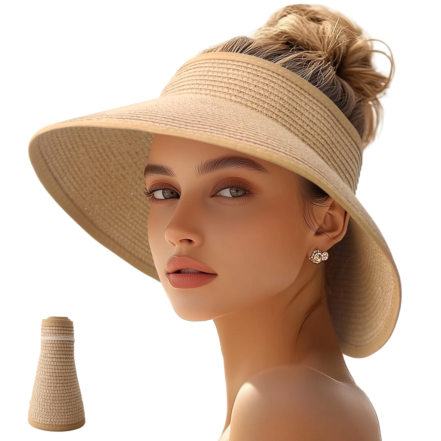 Sombreros con visera solar para mujer, sombrero de paja de ala ancha para cola de caballo, sombrero de playa, plegable, plegable, protección UV, sombreros de viaje, Caqui, Talla única