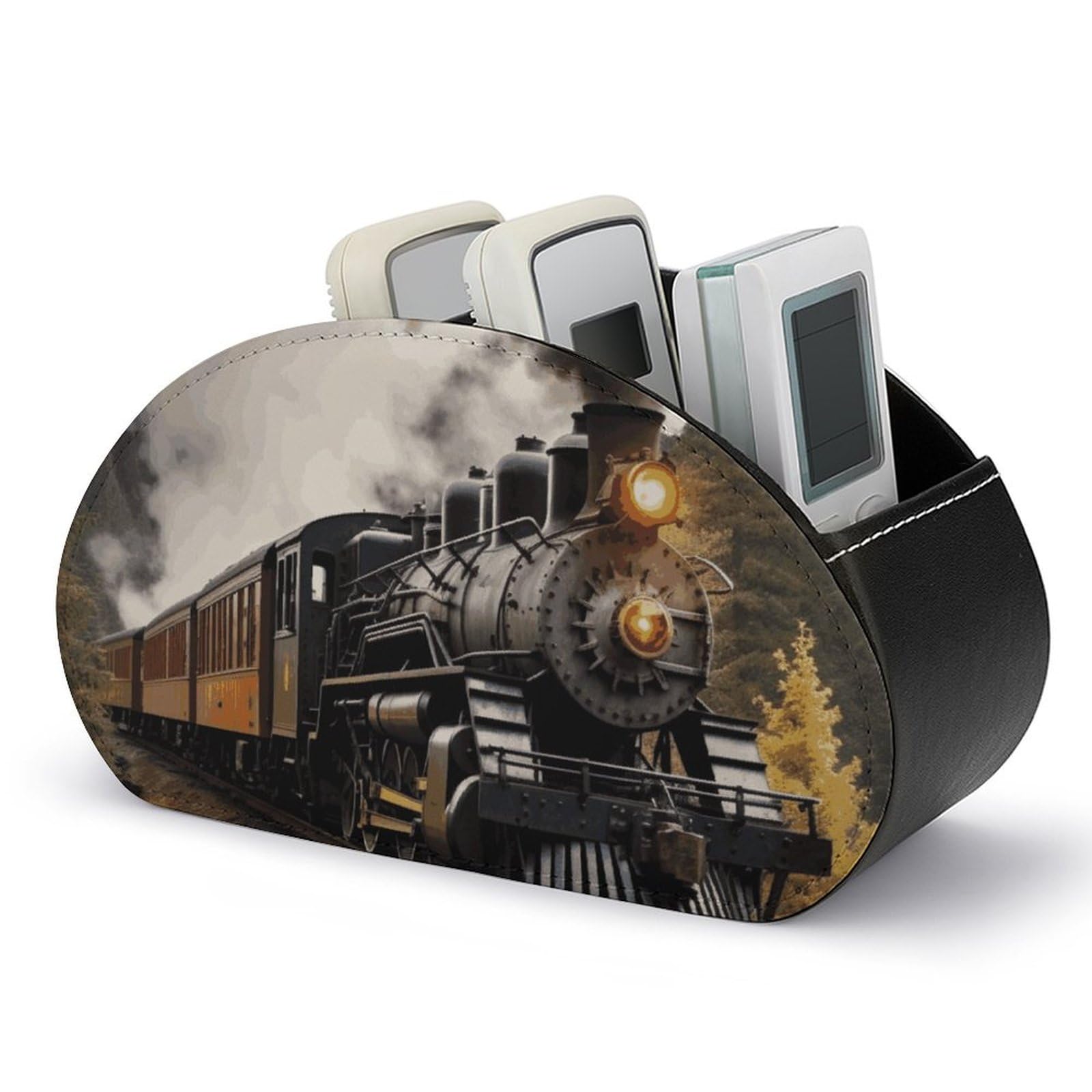 Boîte rangement cuir haut de gamme motif train vapeur pour accessoires de bureau