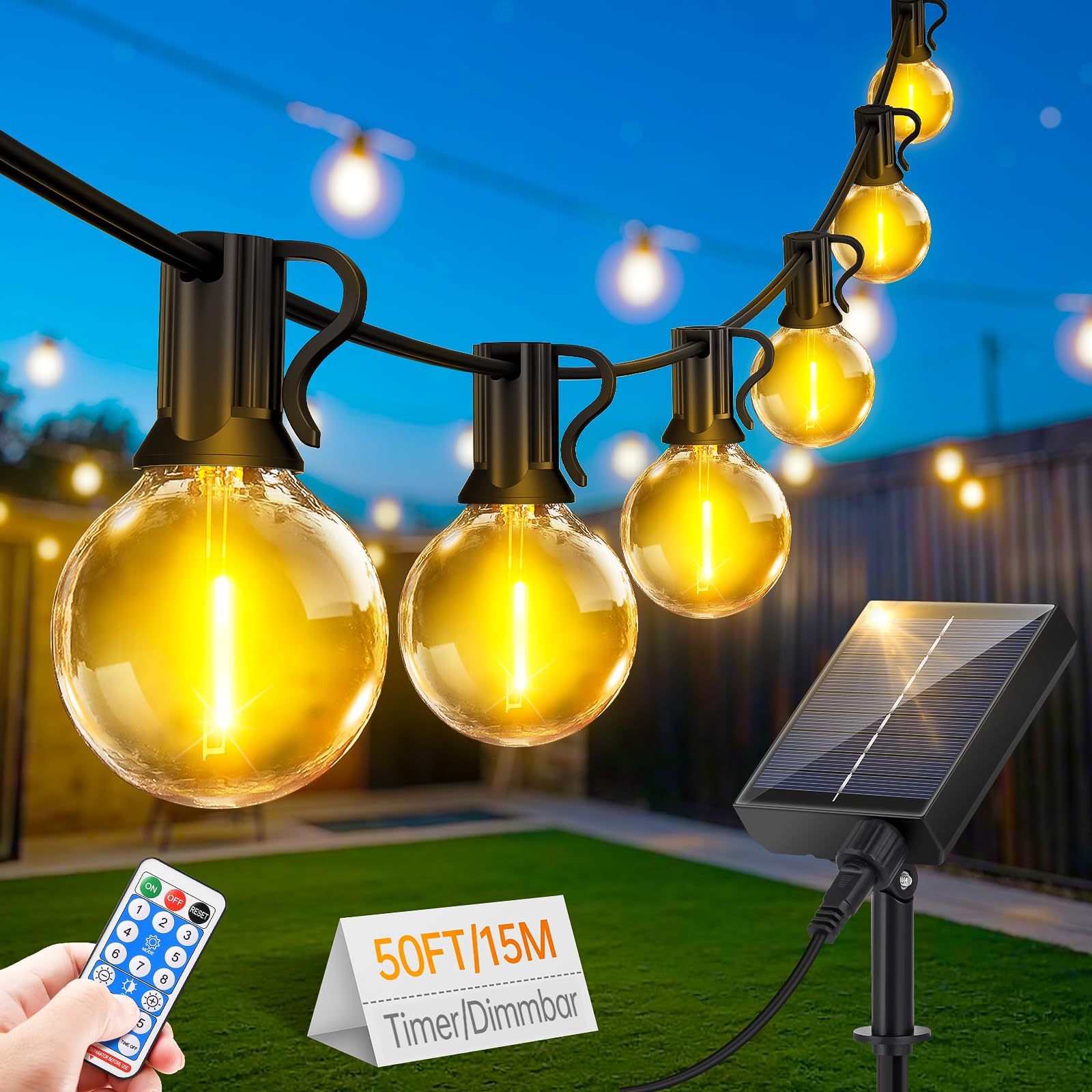 FGRYB Solar Lichterkette Aussen Wasserfest 15M - LED Solarlichterkette Außen 20+1 G40 Glühbirnen Dimmbar mit Fernbedienung 8 Modi für Outdoor Garten Balkon Party Terrasse Camping