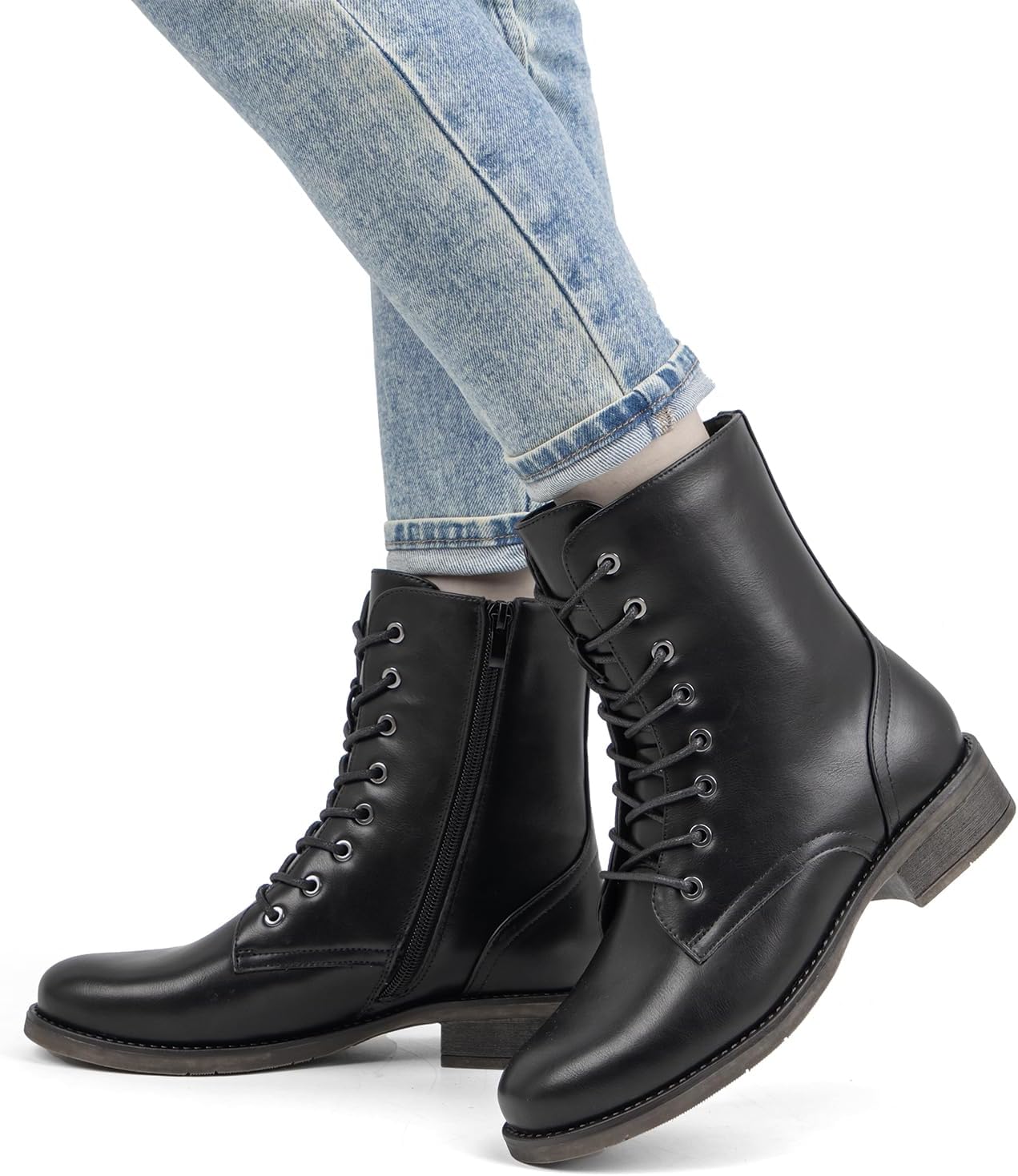 VJH confort Women's Mid Calf Boots Lace-up Military Combat Low Heel Booties with Zipper