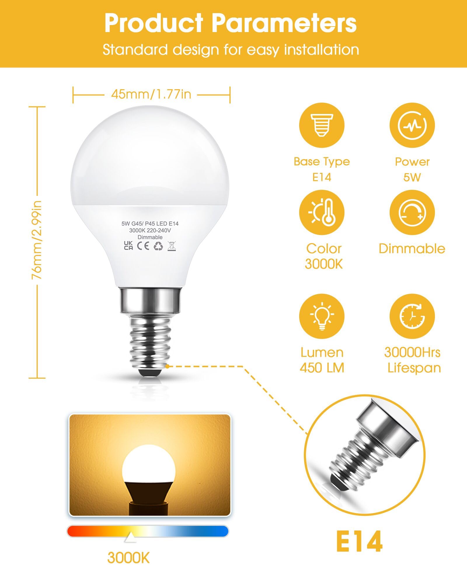 E14 LED Light Bulb Dimmable, 5W (40W Equivalent) Small Edison Screw Golf Ball Bulb, 3000K Warm White - Image 4