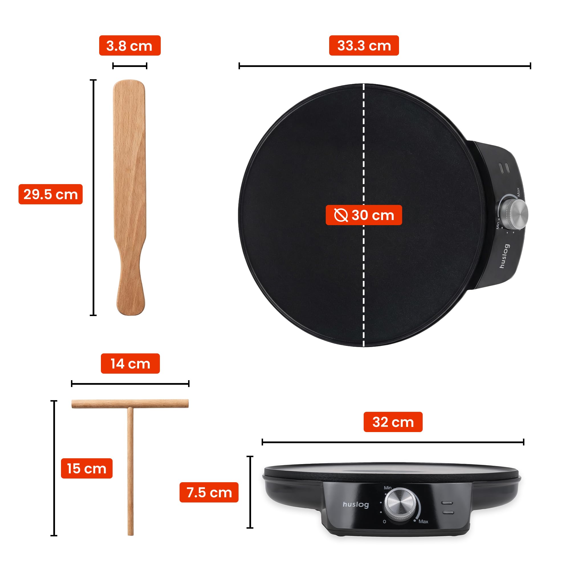 Crepiera Elettrica 1200W, Ø29 cm, Temperatura Regolabile, Piastra Antiaderente con Bordo Rialzato, con Spargitore e Spatola in Legno, per Crêpes, Pancake, Tortilla, Tacos, Nero