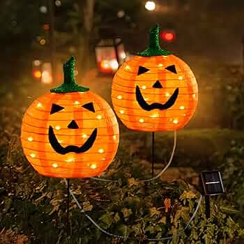 Solar Halloween Pumpkin LED Lights, Set of 2 Big Pumpkin Stake Lights 2 Modes for Outdoor Halloween Pathway Yard Garden Decoration (Yellow)