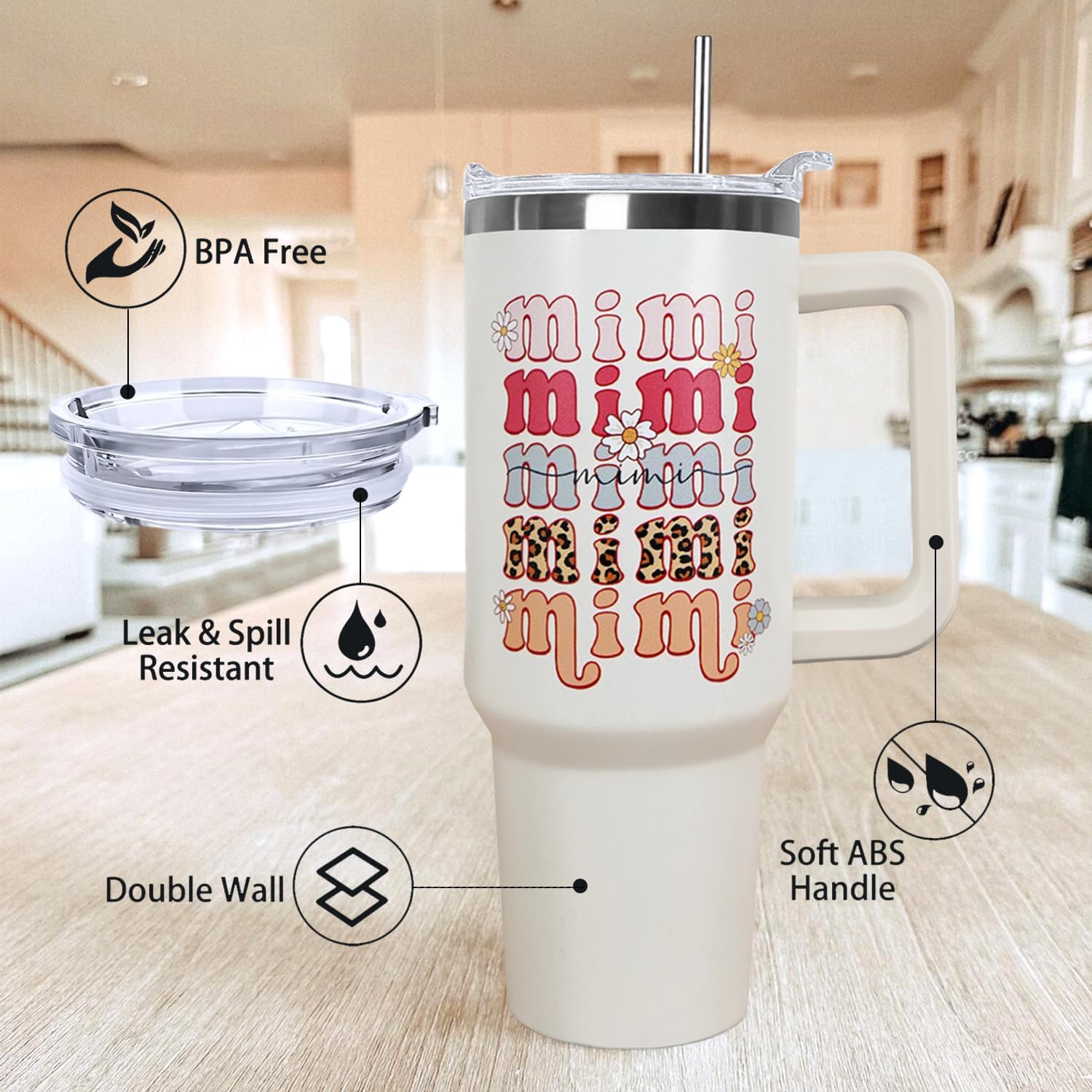 Ceovfoi 40 oz Mimi Vacuum Insulated Water Bottle Travel Coffee Mug Cup Tumbler with Handle Lid and Straw, Mothers Day Mimi Gifts for Grandmother - Image 4