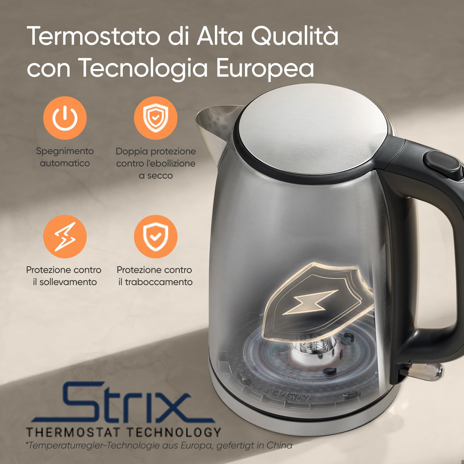COSORI Bollitore Elettrico in Acciaio Inox 1,7 Litri, Contatto con l'Acqua Senza Plastica, 2200 W, Tecnologia del Strix, Base Girevole a 360°, Argento-Nero