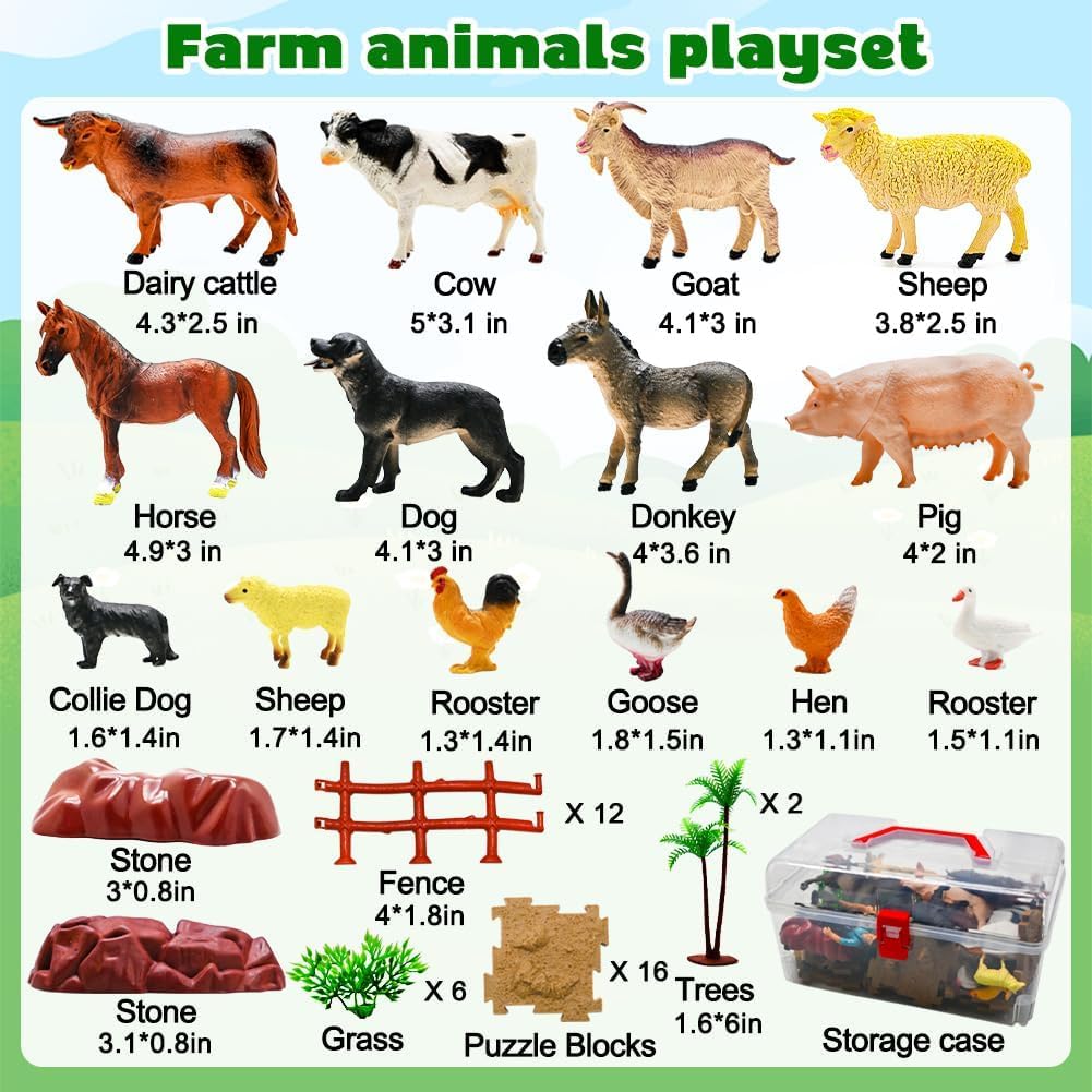 BOLZRA Farm Animal Figurines, Realistic Plastic Animals Toys with Fences Building Blocks, Farm Figures Playset Educational Christmas Birthday Gift for Kids & Toddlers, 53 PCS