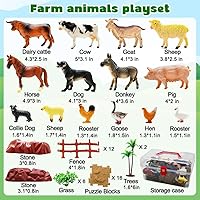 Vista 2 de BOLZRA Figuras de animales de granja, juguetes realistas de animales de plástico con bloques de construcción de vallas, juego de figuras de granja