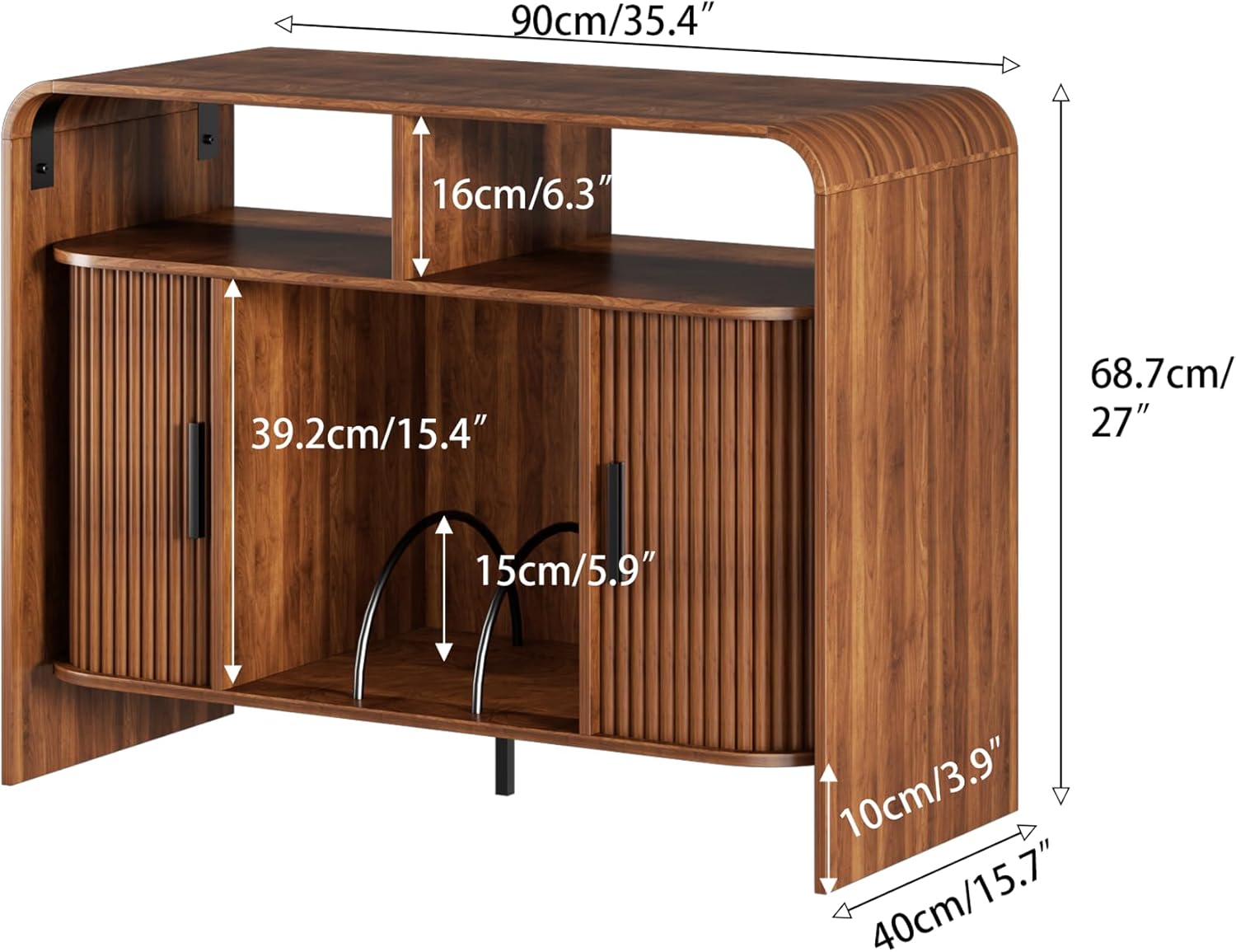 Vinyl Record Player Stand with Sliding Doors, Small Record Storage Cabinet, Fluted Wood Media Cabinet with Open Shelves, Mid Century Modern Turntable Stand for Living Room, Walnut, Vintage