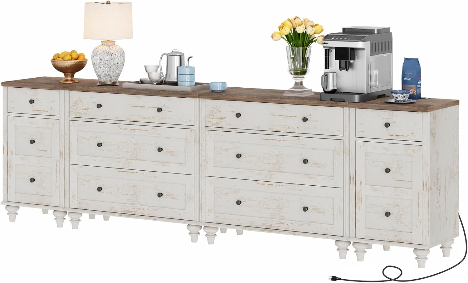 WAMPAT Dresser for Bedroom with 8 Drawers and 2 Storages, Nightstands with Charging Station for Living Room, Rustic White Kids Dressers with Wide 3 Chest of Drawers, for Nursery, Hallway, 4 PCS