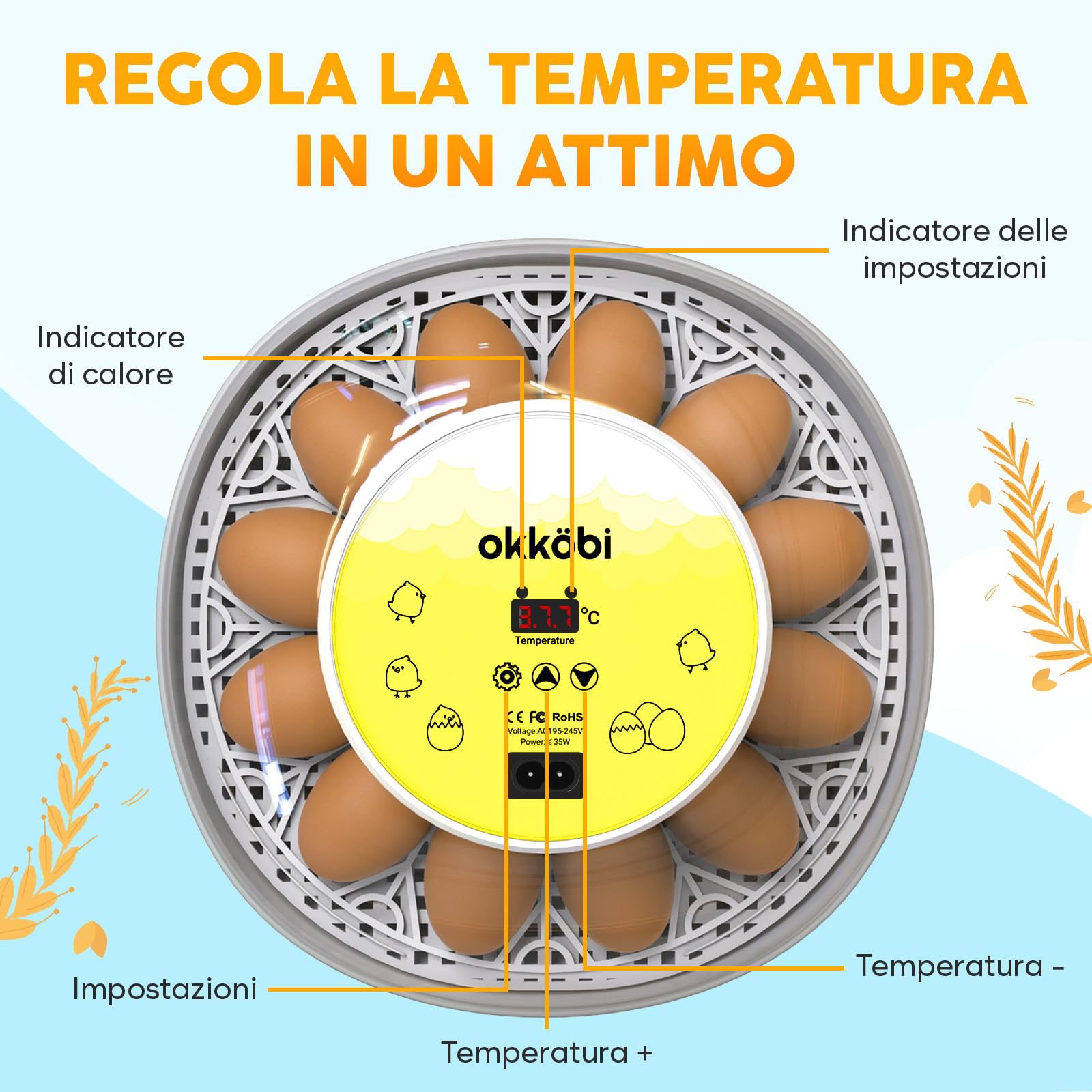 Okkobi M12 - Incubatrice per uova automatica con Girauova Automatico e Controllo Umidità - 12/24 uova, vista a 360°, facile da usare e pulire - Incubatrice uova gallina - Bianco e giallo
