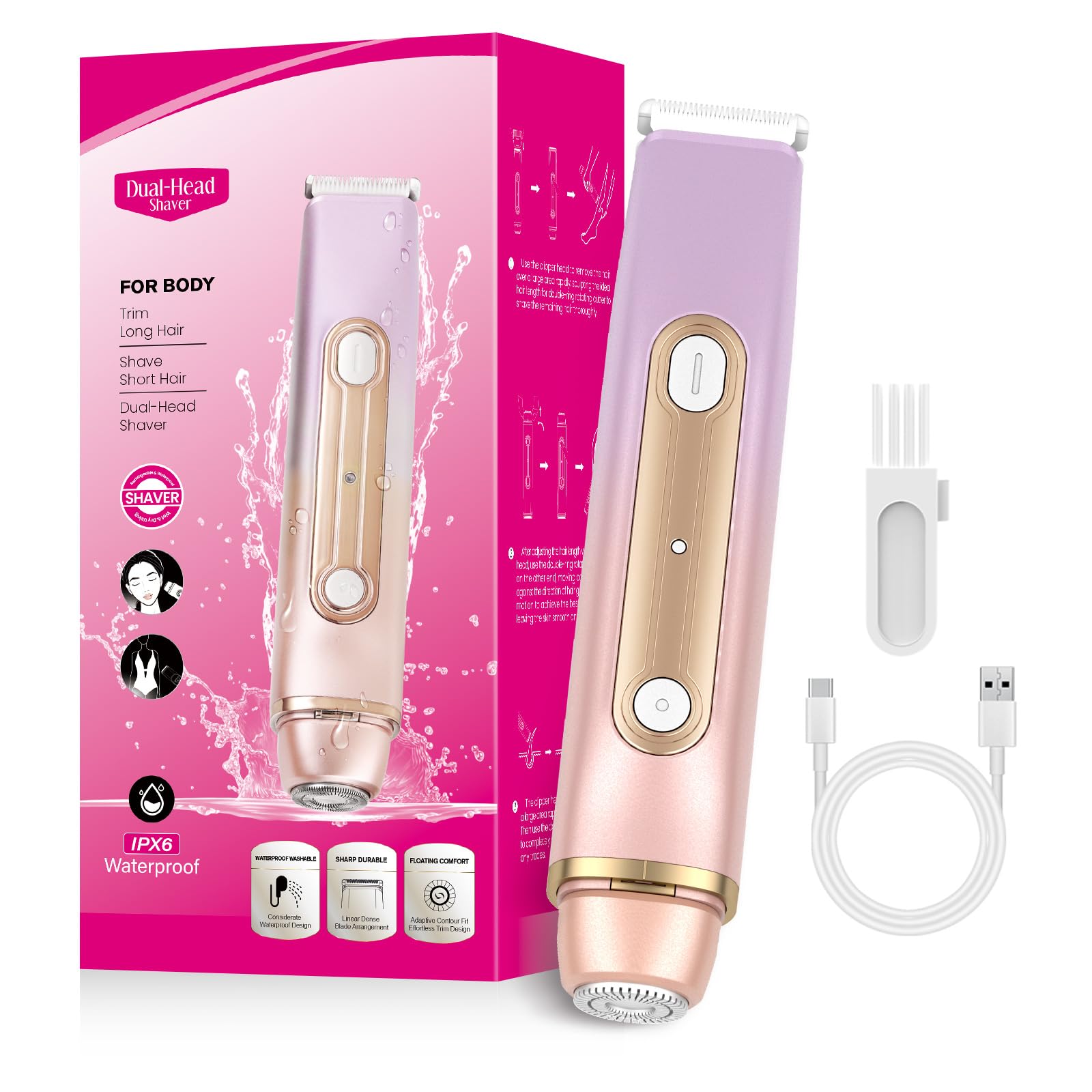 Dual-Head Womens Hair Trimmer Safe Body Bikini Facial Hair Removal Wet Dry USB Rechargeable Travel-Friendly Personal Grooming