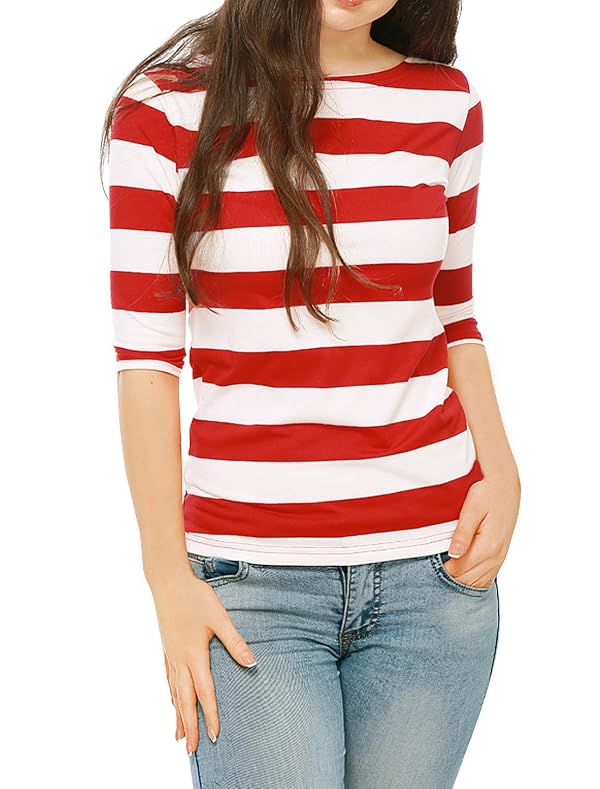 Allegra K Women's Striped Shirt Elbow Sleeve Slim Fit Tops Casual Basic Boat Neck Top Medium Red by Allegra K - Used condition - US$10.76